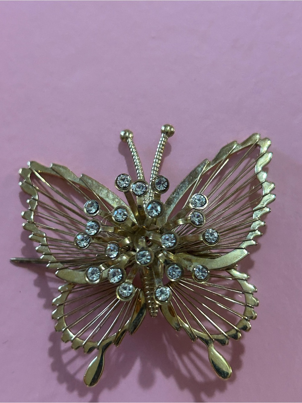 Monet Gold Butterfly Brooch with Clear Rhinestones